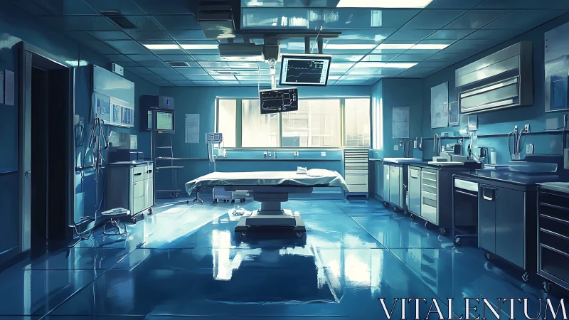 Sunlit surgical theater glows in cool blue stillness.