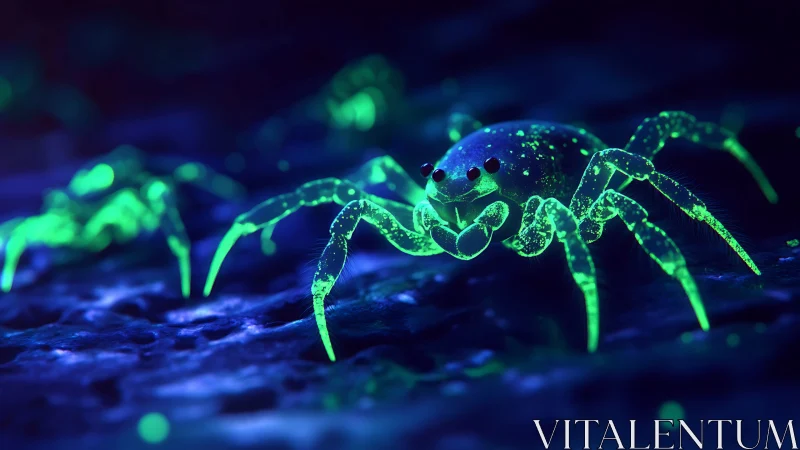 Bioluminescent green spider walks across dark wet ground