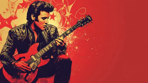 Rock guitarist in red pop-art blaze of stylized stardust.