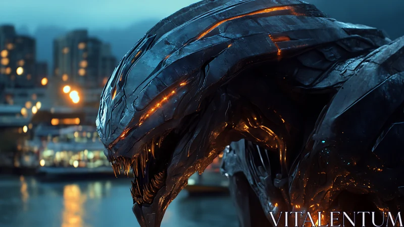 Cybernetic alien predator glares over neon harbor cityscape.
