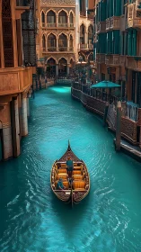 Gondola on turquoise canal between ornate urban facades.