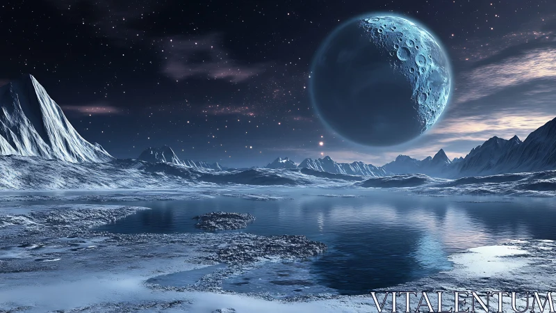 Frozen alien coastline reflects looming cratered blue planet