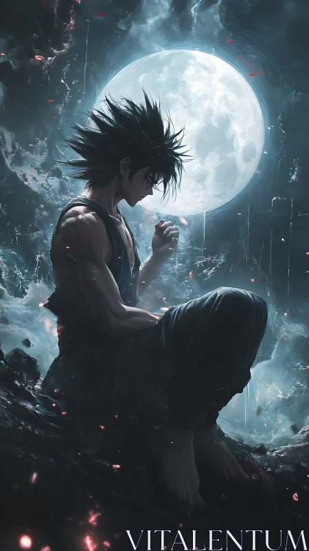 Solitary anime warrior seated before luminous full moon.