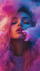 Neon dream portrait with pink vapor clouds surrounding face.