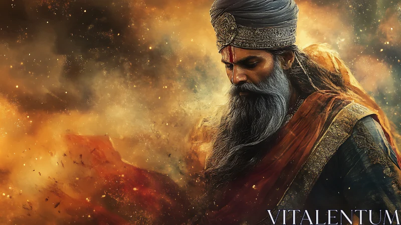 Stoic sage in ember storm gazes downward in solemn focus