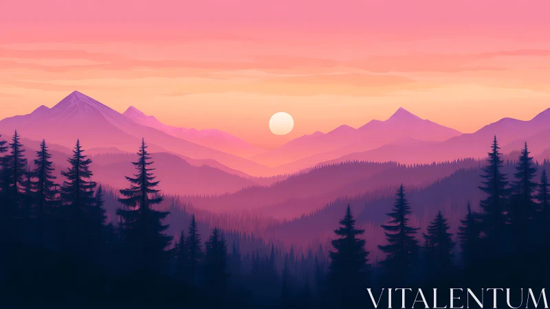 Layered conifer forest and mountains at pastel sunset.