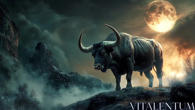 Mythic horned bull on misty cliffs under oversized full moon