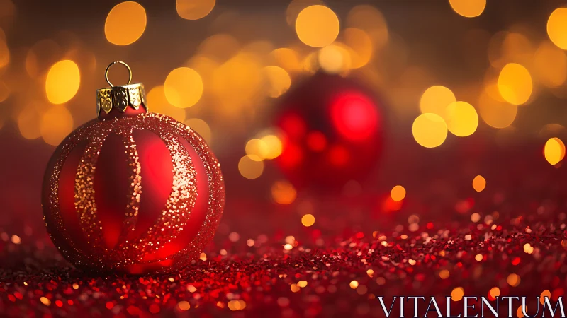 Ruby bauble basking in glitter and molten holiday bokeh.