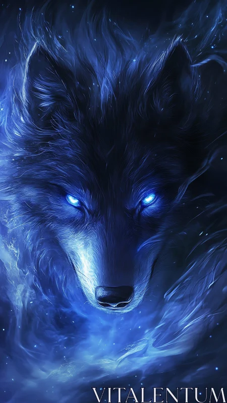 Midnight spirit wolf glowing through swirling blue starlight.