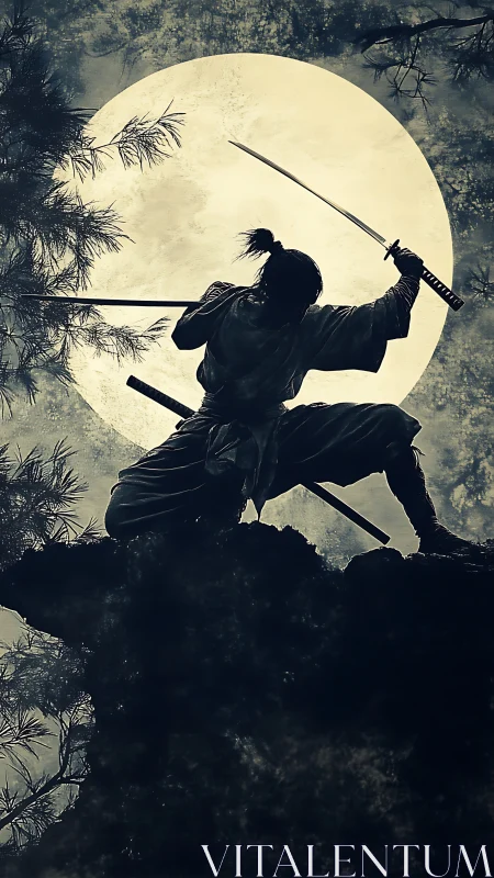 Samurai silhouette poised with katana before full moon.