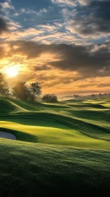 Golden sunrise pours gentle light over rolling golf greens