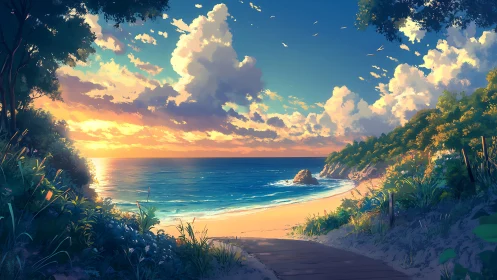 Sunlit coastal pathway overlooking serene sunset shoreline