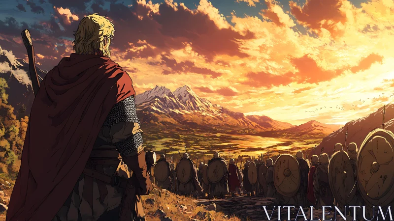 Medieval warband observing mountainous valley at sunset.