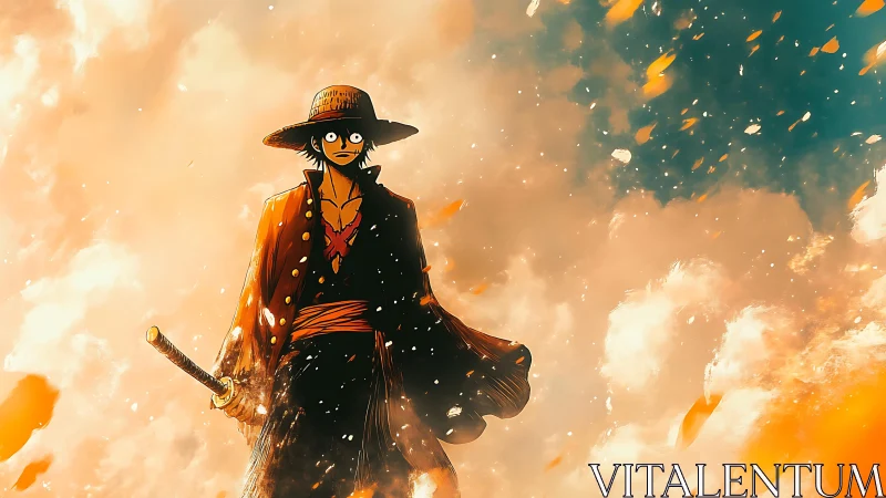 Straw-hatted wanderer strides through ember painted skies.