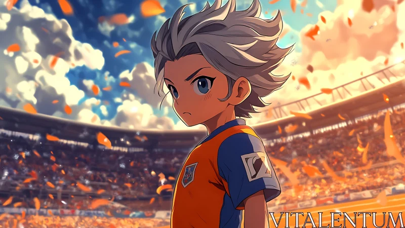 Anime stadium portrait with dynamic depth and warm lighting.
