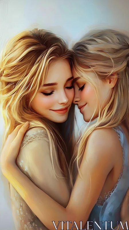 Two women with golden blonde hair embrace in tender, luminous digital portrait.