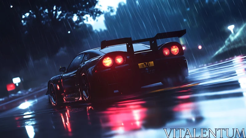 Street racer navigates neon reflections on a rainy night.