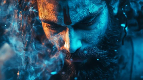 Portrait shows painted man in blue and orange dramatic lighting