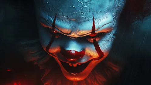 Hyperlit demonic clown portrait with cracked latex skin.