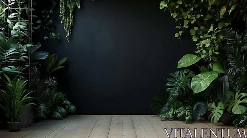 Lush indoor jungle frames a serene dark accent wall backdrop