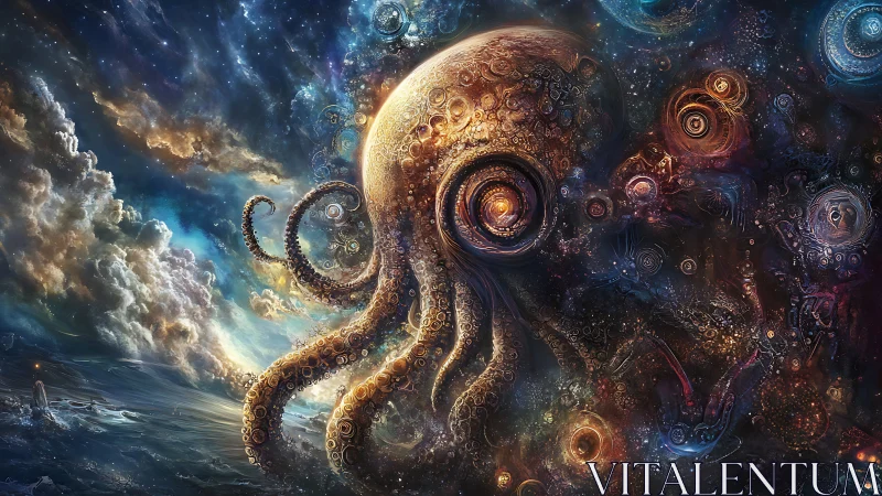 Cosmic cephalopod entity swirling through starfield void.