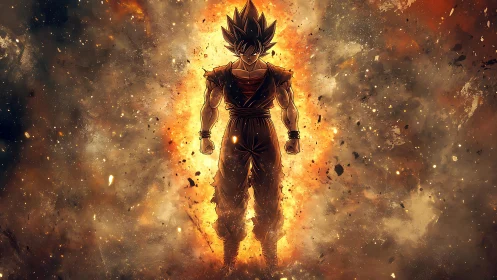 Saiyan warrior silhouette ignites cosmic inferno aura