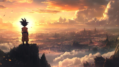 Child warrior overlooks glowing fantasy city at sunset