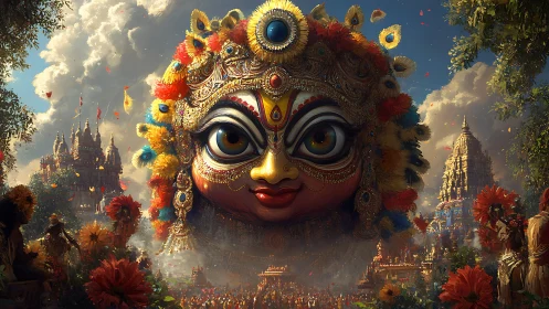 Large deity mask above festive temple landscape scene.