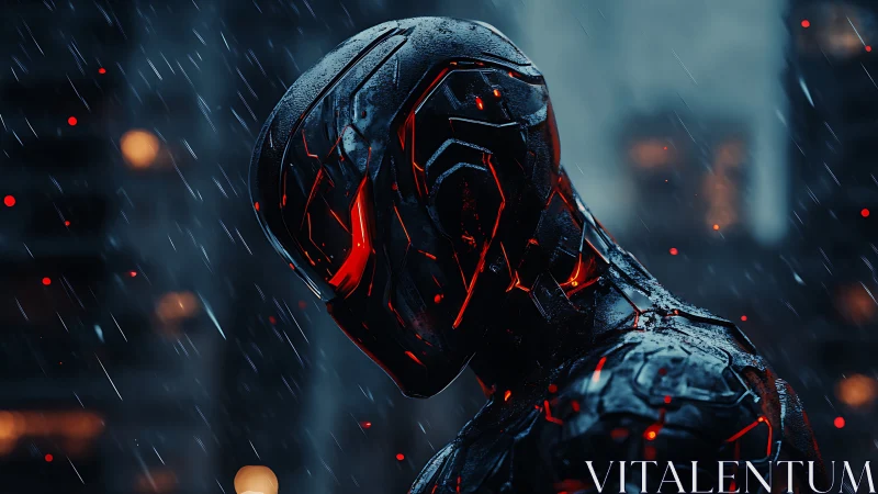 Rain-soaked cybernetic sentinel with ember-lit exoshell profile.