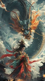 Majestic dragon guards a serene royal sorceress amid storms