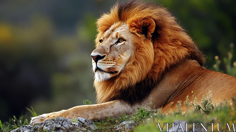 Photorealistic lion portrait in shallow-depth savanna setting.