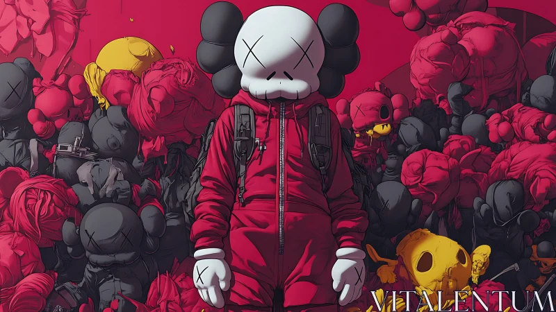 Hooded cartoon figure in red amid clustered toy forms.