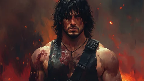 Battle-scarred warrior stands defiant amid rising embers