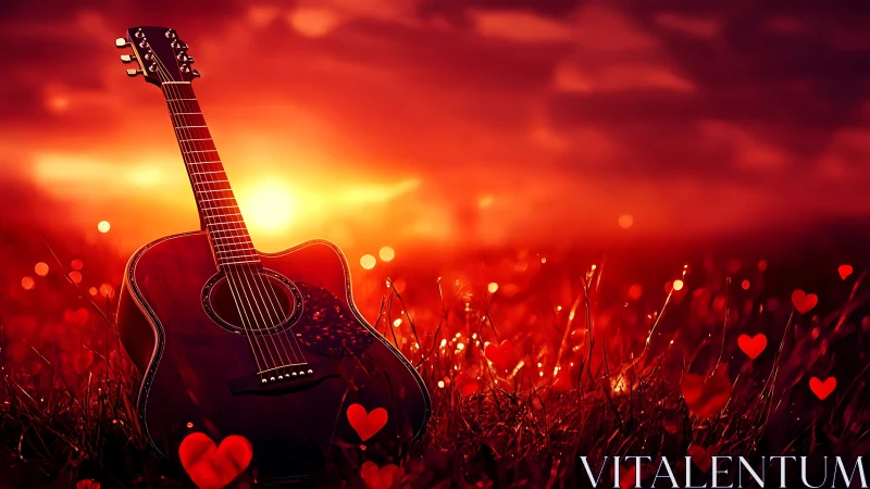 Sunlit acoustic guitar rests in glowing red heart field.