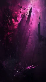 Vertical magenta abstract field shows sharp fractured strokes