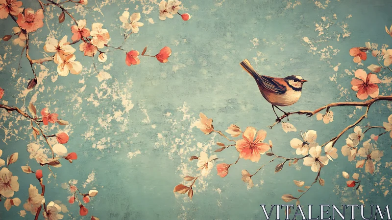 Songbird rests on blooming branch under textured sky.