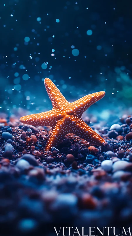 Gentle orange starfish resting on a dreamy ocean floor.