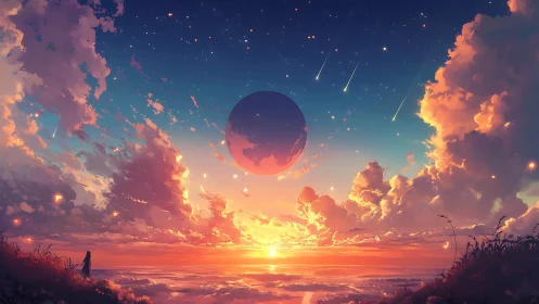 Digital landscape shows suspended planet over stratified sunset