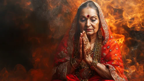 Elderly Indian Woman in Traditional Attire Praying Amidst Fiery Background.