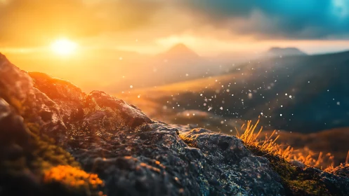 Golden sunrise sparkles over peaceful mountain ridgeline.