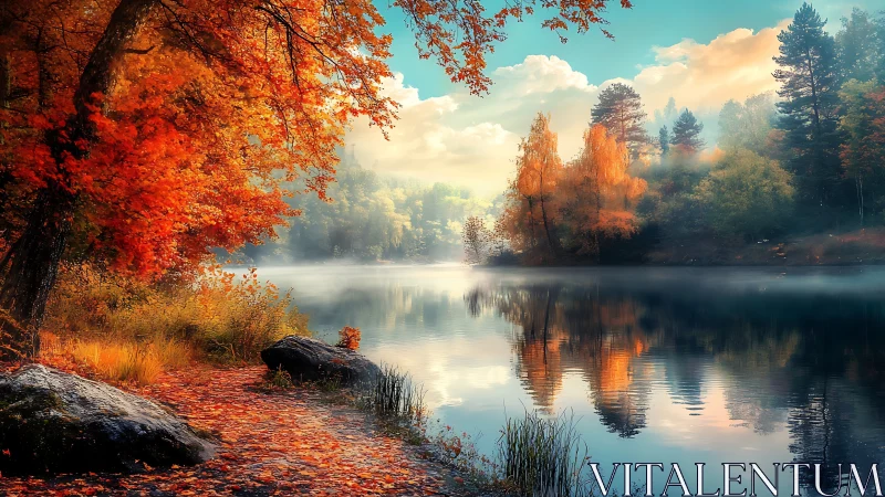 Gentle autumn lakeside morning wrapped in golden mist.