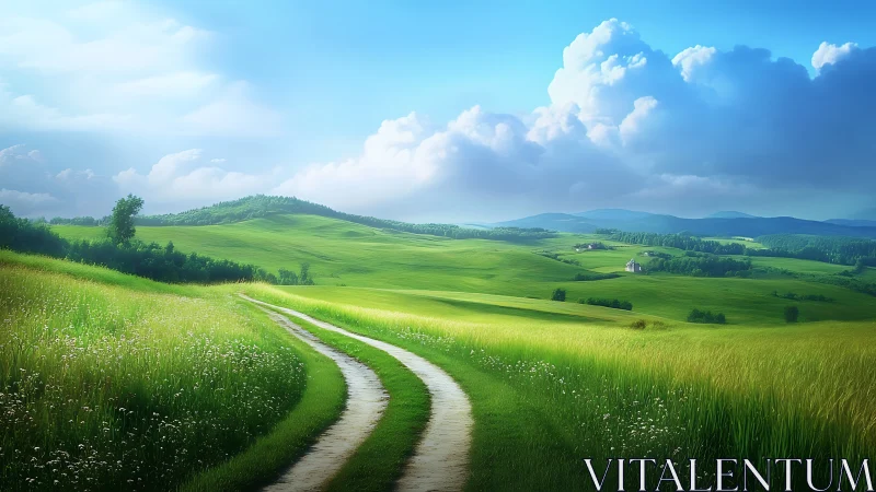 Sunlit country lane curling through dreaming green hills.