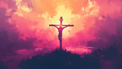 Crimson clouds cradle a lone crucifix in blazing silence