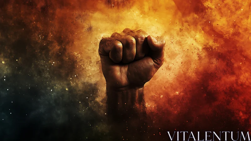 Raised clenched fist amid fiery textured nebula backdrop.