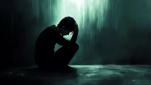 Quiet moment of sorrow in soft teal and shadowed light.