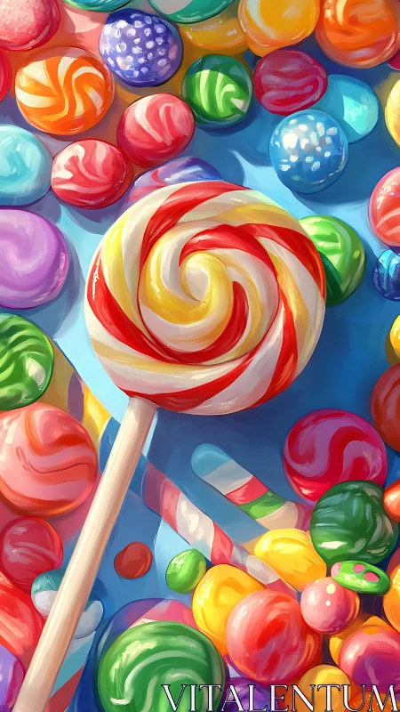 Giant Lollipop Surrounded by Colorful Candy Spheres