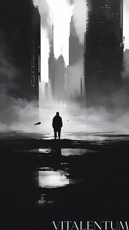 Solitary figure in foggy monochrome futuristic cityscape.
