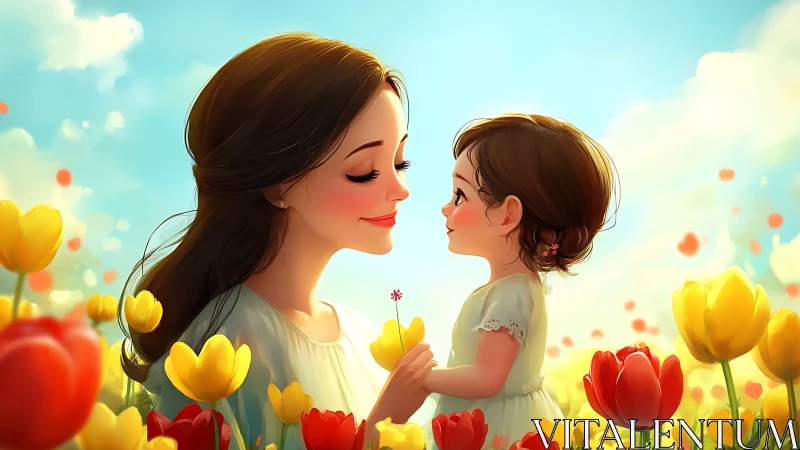 Woman and child in field of yellow and red tulips.
