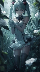 Melancholic twin-tailed girl amid luminous forest bloom.