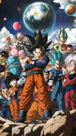 Legendary anime heroes gathered under a glowing cosmic sky.